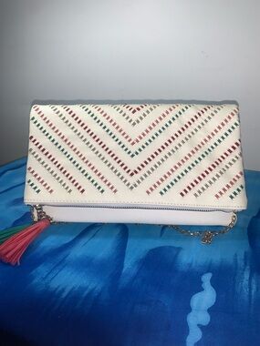 MIKA CLUTCH Cream Fold-Over Clutch with Multicolor Chevron Detailing